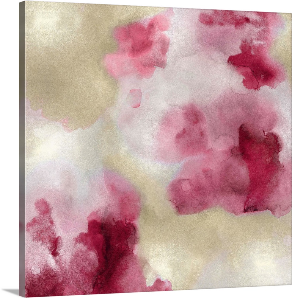 Abstract painting with shades of pink and gold hues splattered together on a silver background.
