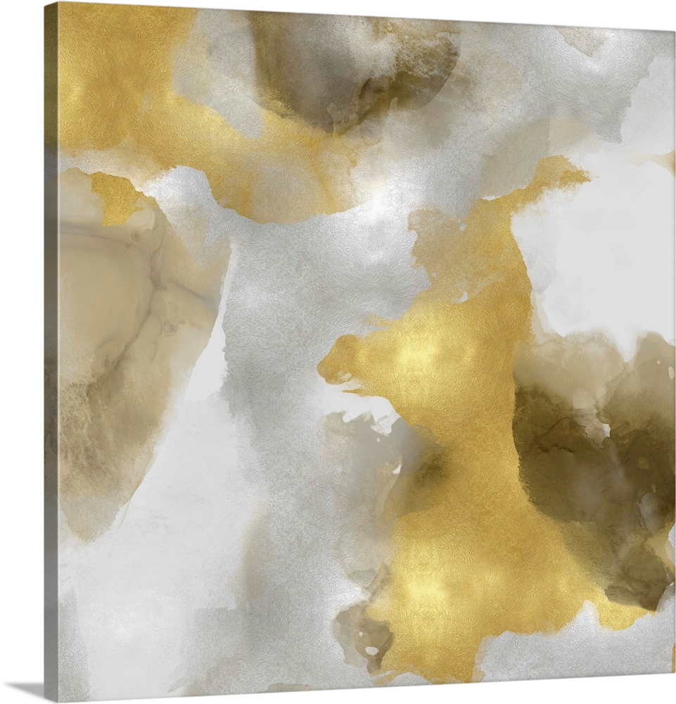 Abstract painting with metallic gold and silvers splattered together on a gray background.