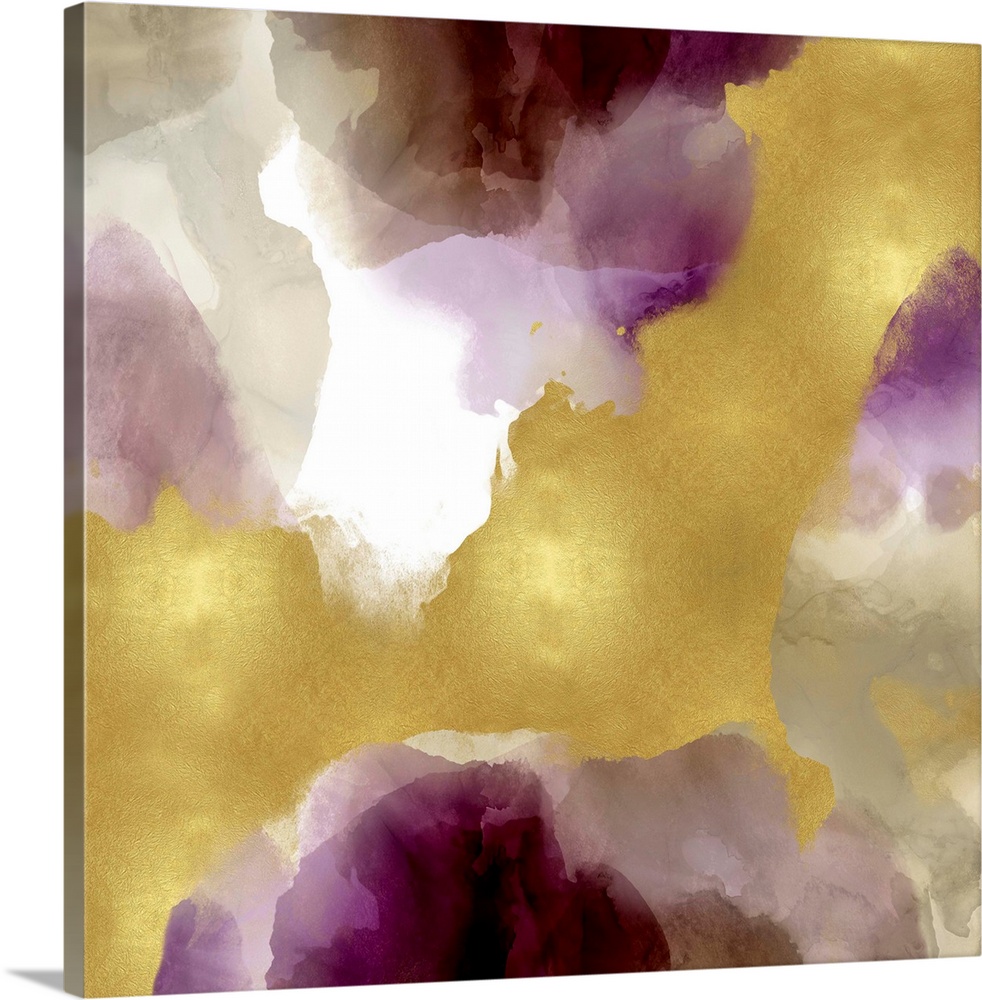 Abstract painting with shades of purple, gray, and gold splattered together on a white background.