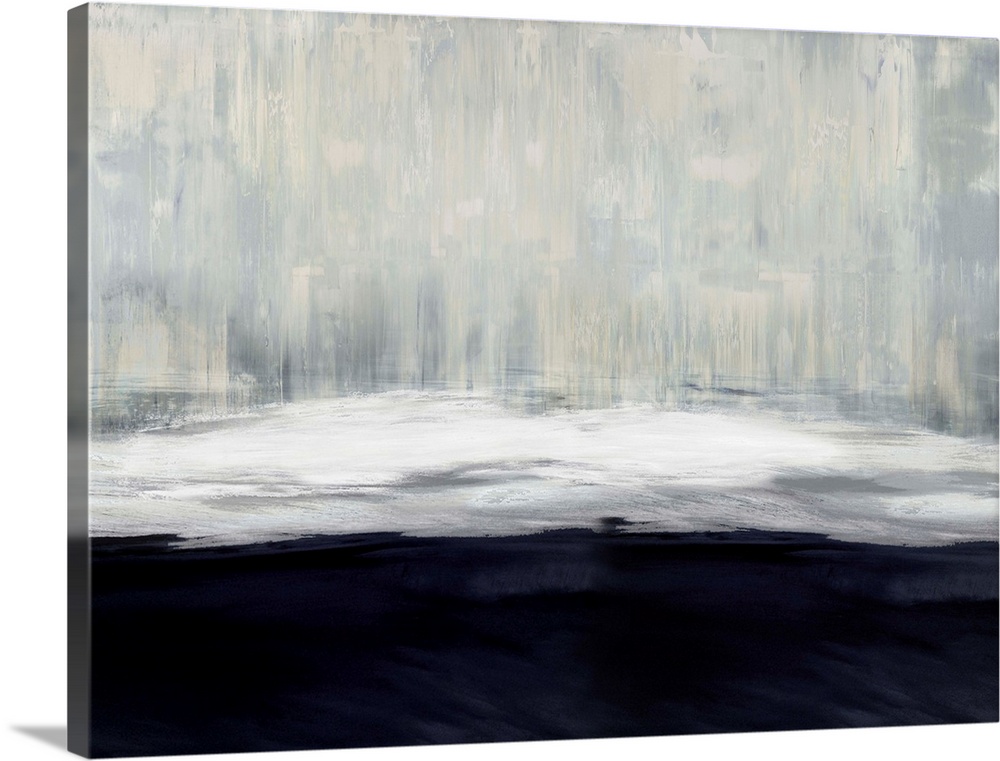 Large abstract painting in gray, white, and navy blue hues.