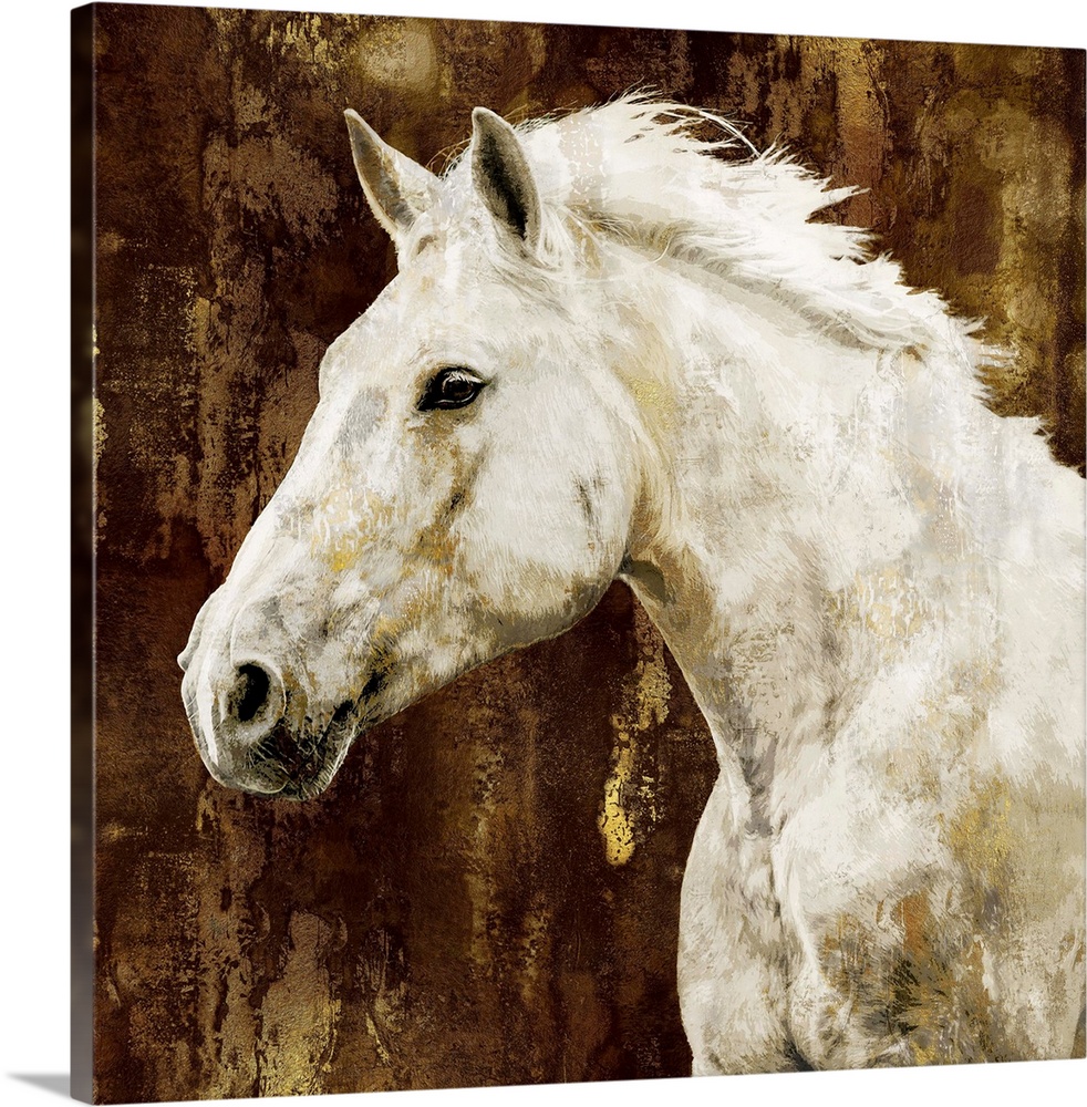 Square decor of a white stallion with its head down on a silver background and gold streaks running over the top.