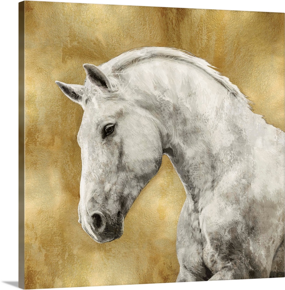 Square decor with a white stallion on a metallic gold background.