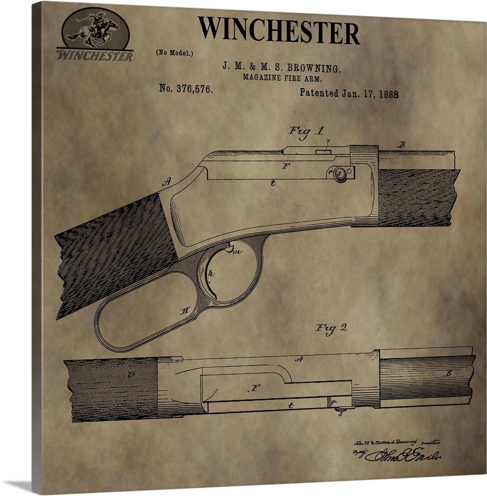 Square blueprint for a Winchester Magazine Fire Arm, patented on January 17, 1888.