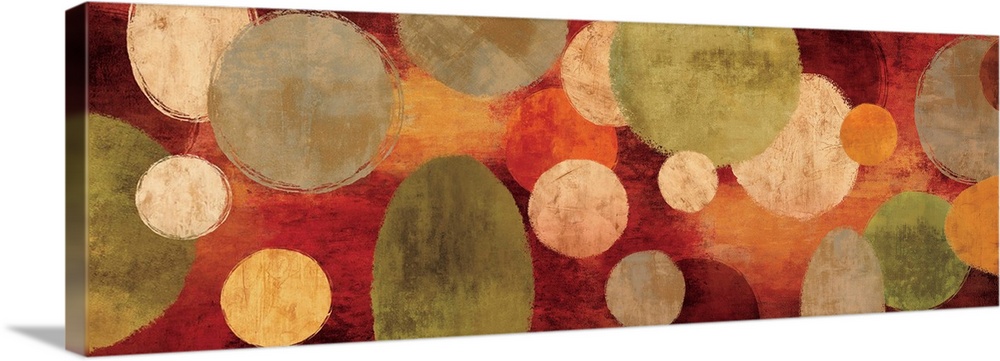 Panoramic abstract art with colorful circular shapes in hues of green, cream, yellow, gray, and orange on a red and yellow...