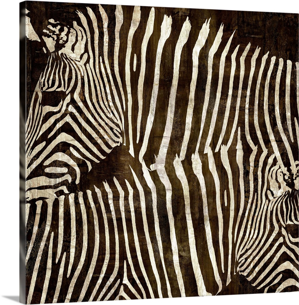 Square wildlife decor with two zebras facing different directions on a brown background.