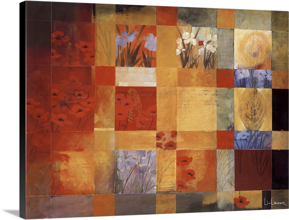 Painting of multiple images in a square grid of leaves and flowers in different colors and views.