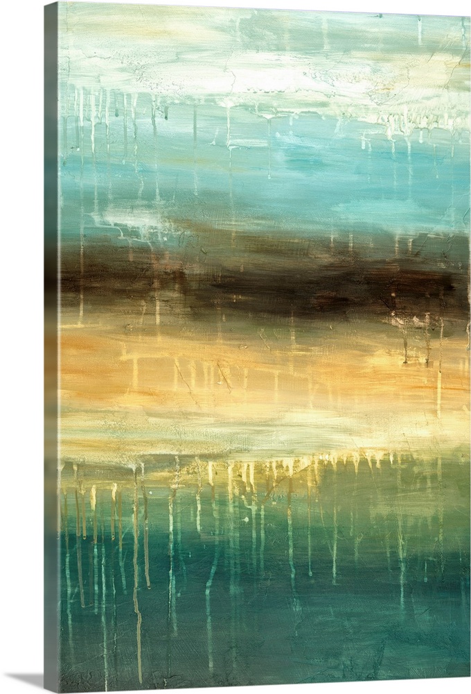 Vertical abstract painting in textured colors of green, blue, yellow and black.