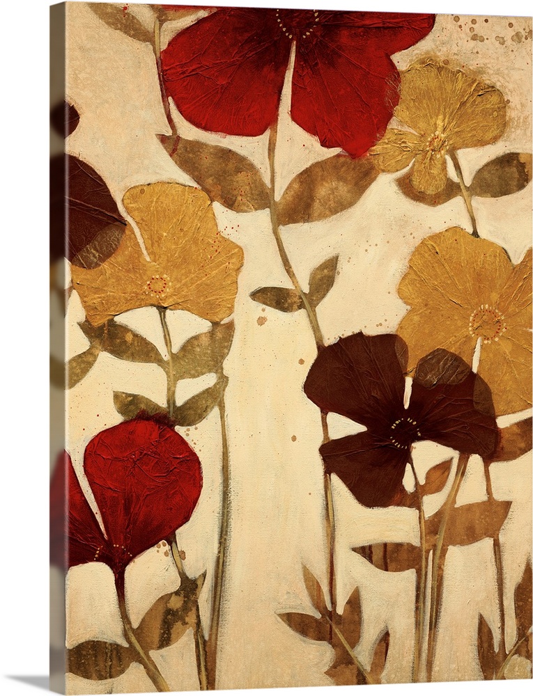 Vertical painting of a group of flowers in muted earth tones with textured petals.