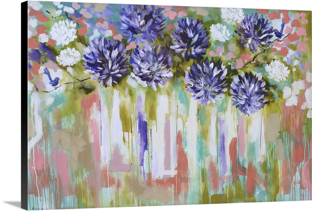 Horizontal abstract of a group of purple and white flowers in clear, glass vases with a multi-colored background.