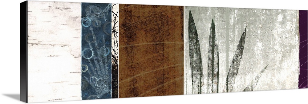 Contemporary horizontal design of textured colors and leaves in multiple panels.