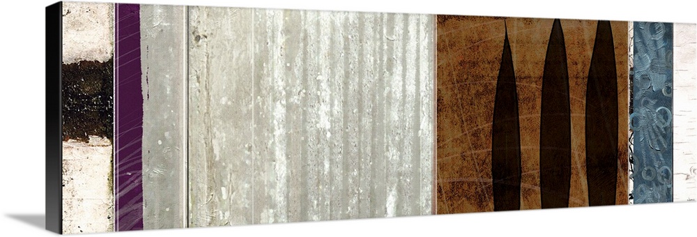 Contemporary horizontal design of textured colors and leaves in multiple panels.