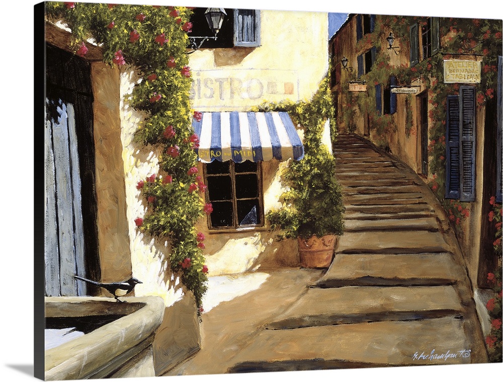Painting of stone steps near a bistro in a European village.
