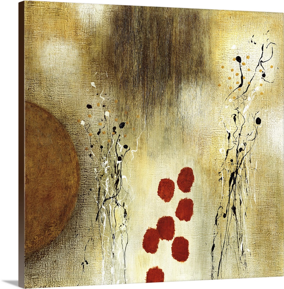 A square abstract painting in neutral tones with fine black and white lines and red dots.