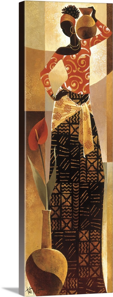 Artwork of an African woman in traditional dress holding a vase.