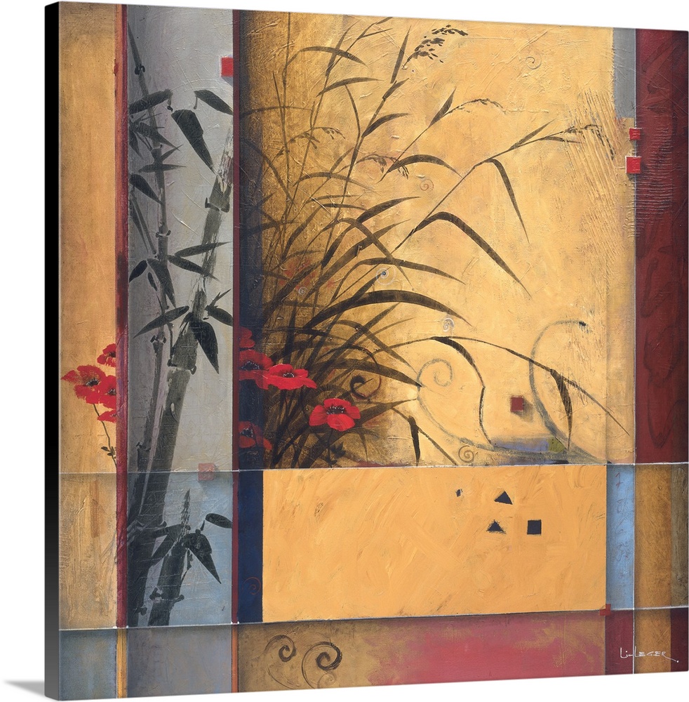 A contemporary painting of bamboo and red flowers with a square grid design border.