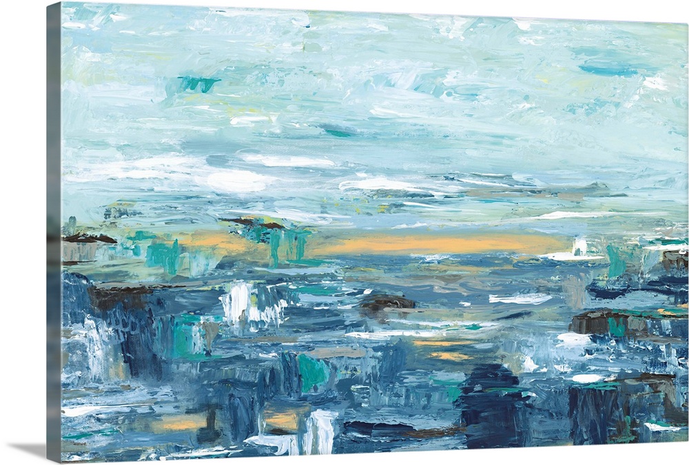 Horizontal abstract landscape of wide brush strokes in varies shades of blue and white.