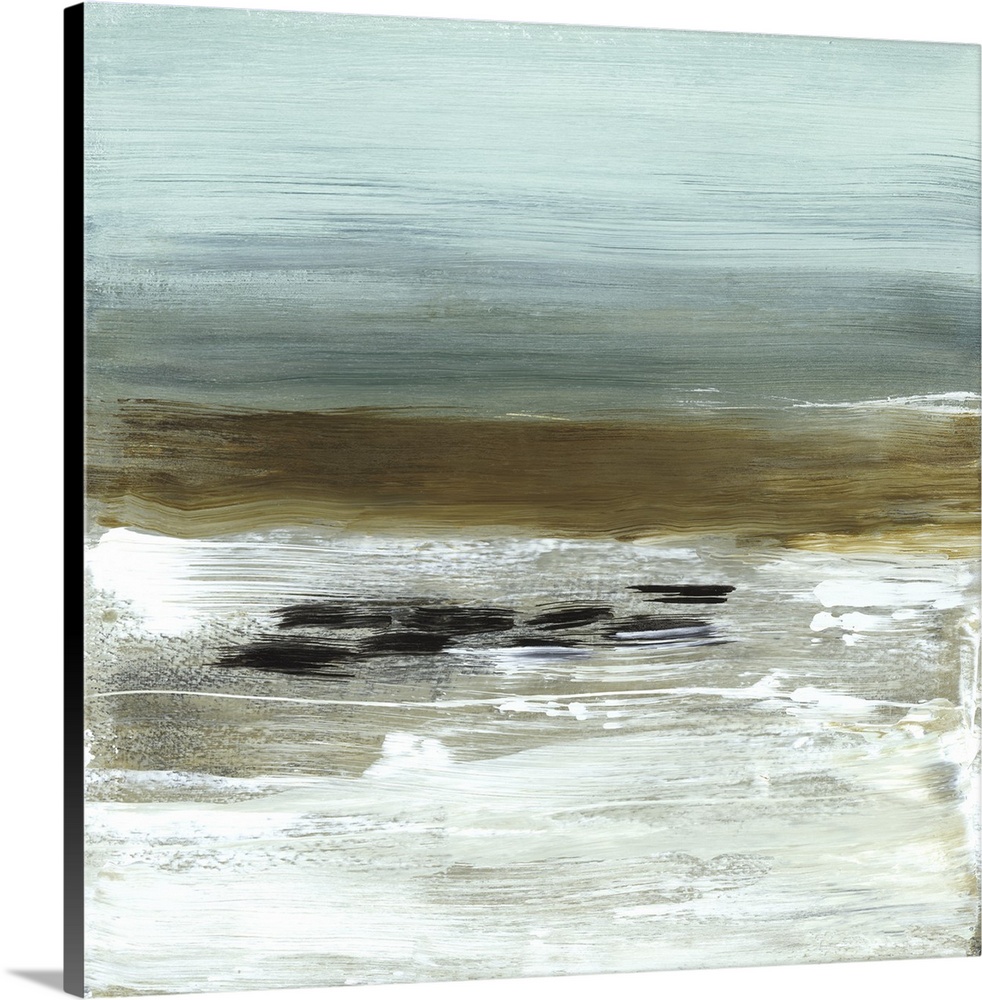 A modern abstract landscape of a beach scene in bold brush strokes of green, blue and white with black accents.