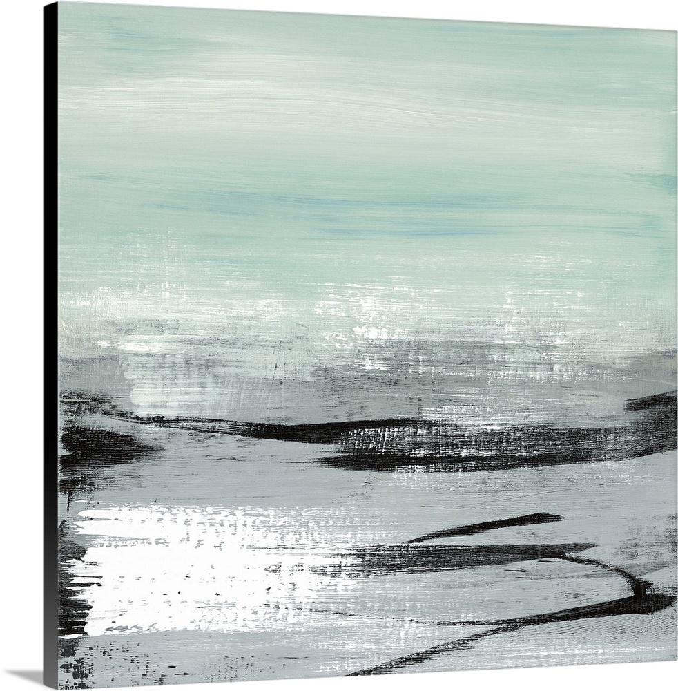 A modern abstract landscape of a beach scene in bold brush strokes of black, gray and teal.
