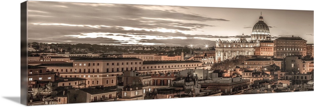 A panoramic cityscape of Rome, Italy at twilight.