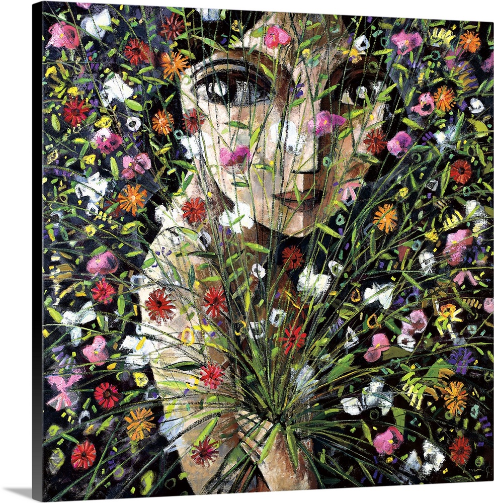 A square portrait of a woman behind a large bouquet of wild flowers on a black background, painted with cubism elements.