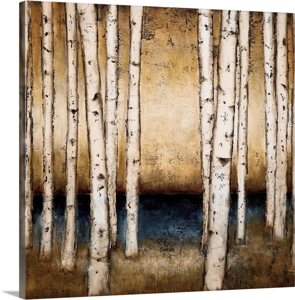 Square contemporary painting of birch trees in a forest done in neutral earth tones.