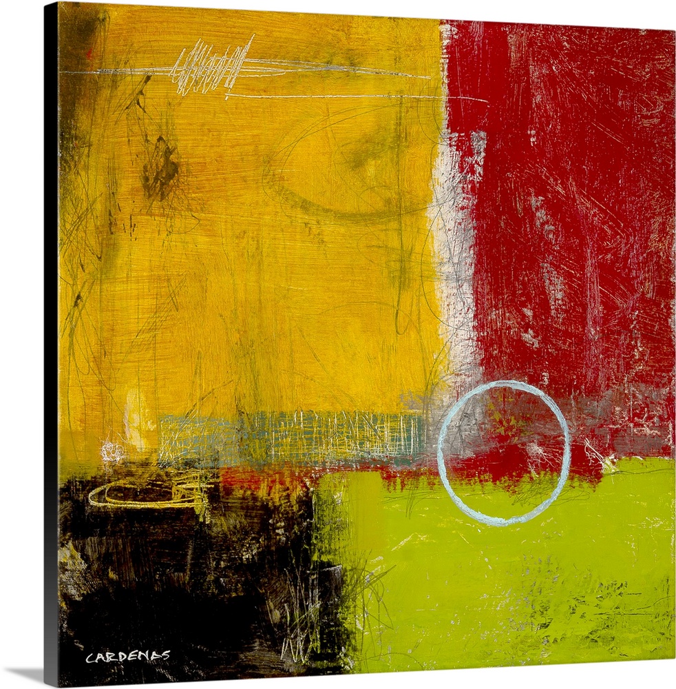 Red, mustard, lime green and black abstract, square.