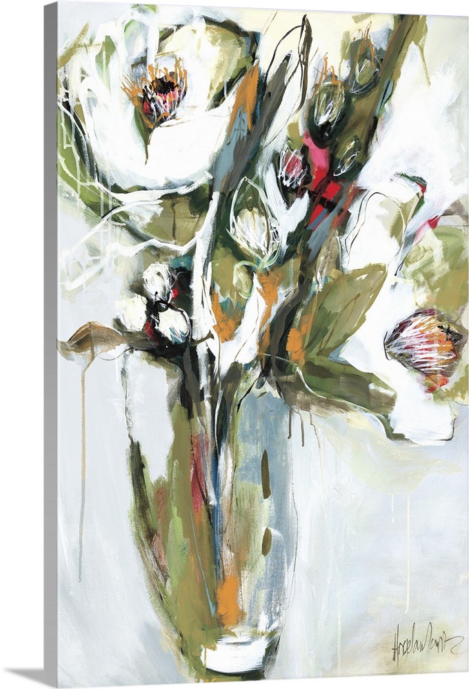 A vertical abstract of blooming flowers in a vase in shades of green, gray and white with red and orange accents.