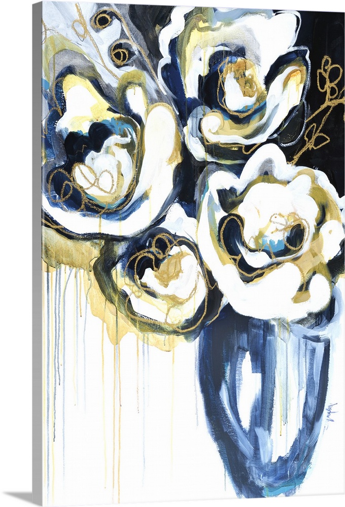 A modern abstract floral of large white blooms with gold outlined accents in a blue vase.
