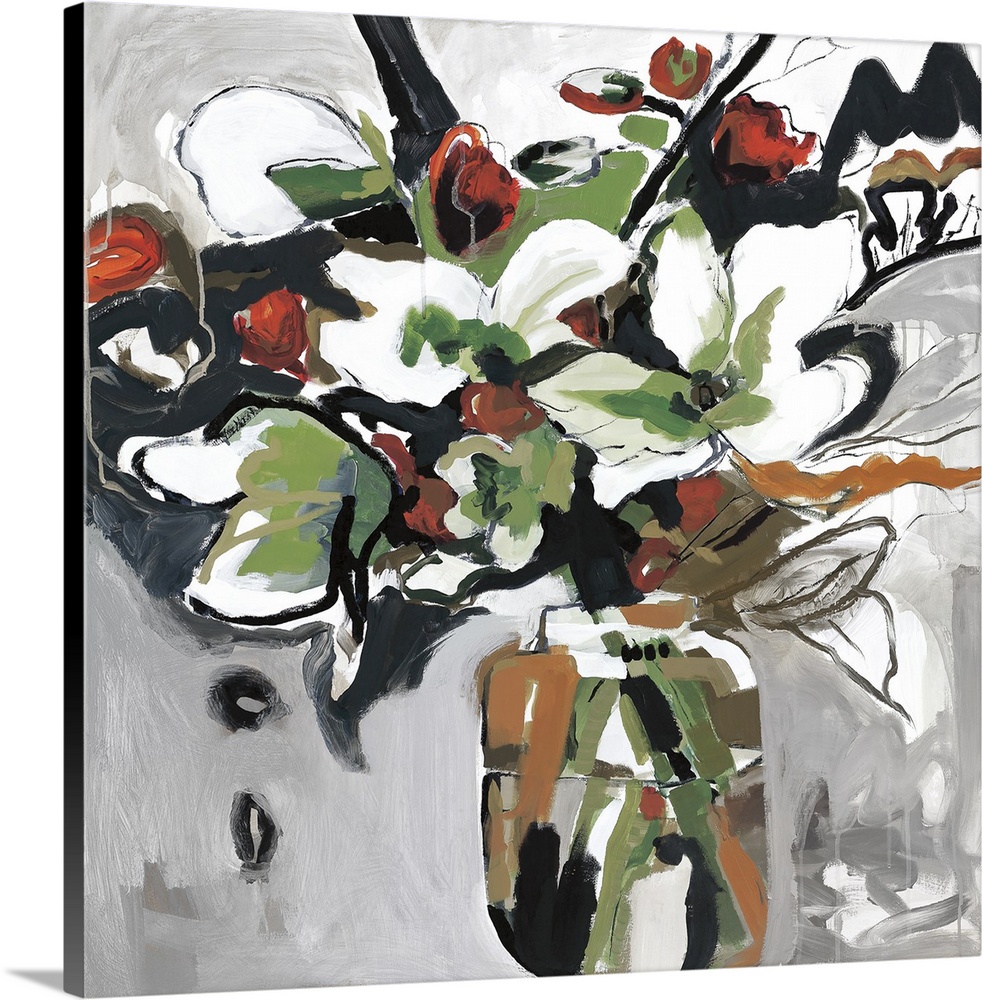 Square floral abstract of a vase of large white flowers with small red roses throughout.