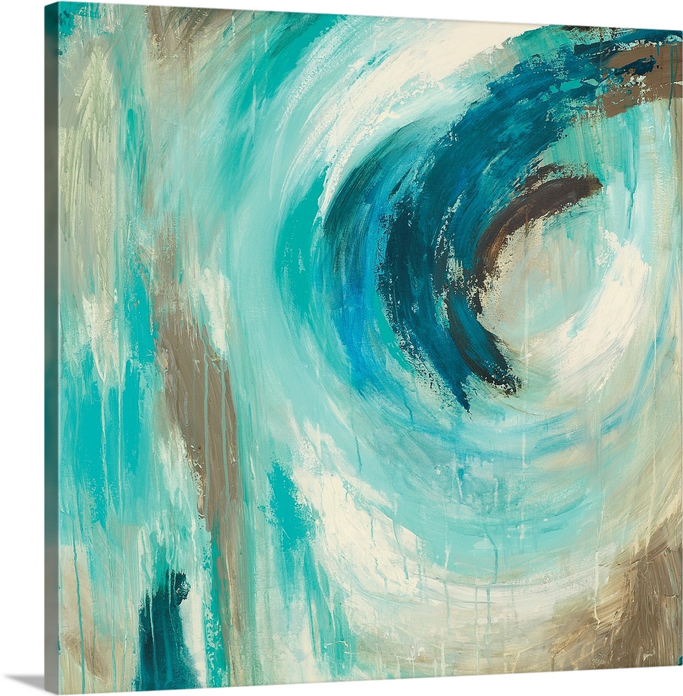 A square abstract painting of swirled colors of teal, white and gray.