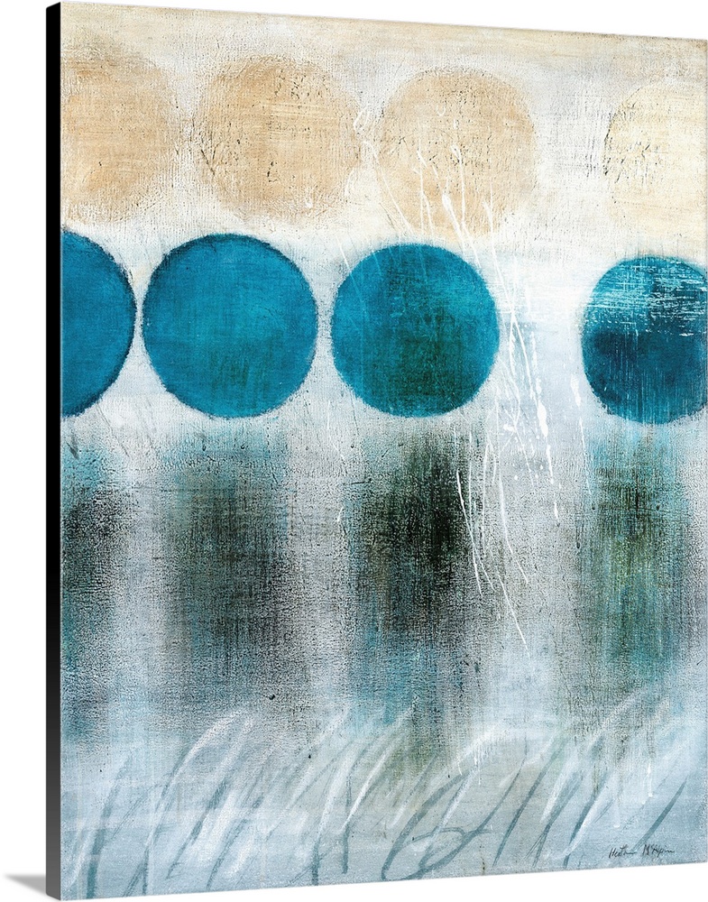 A vertical abstract painting in blue and brown tones with circles and textured strokes.