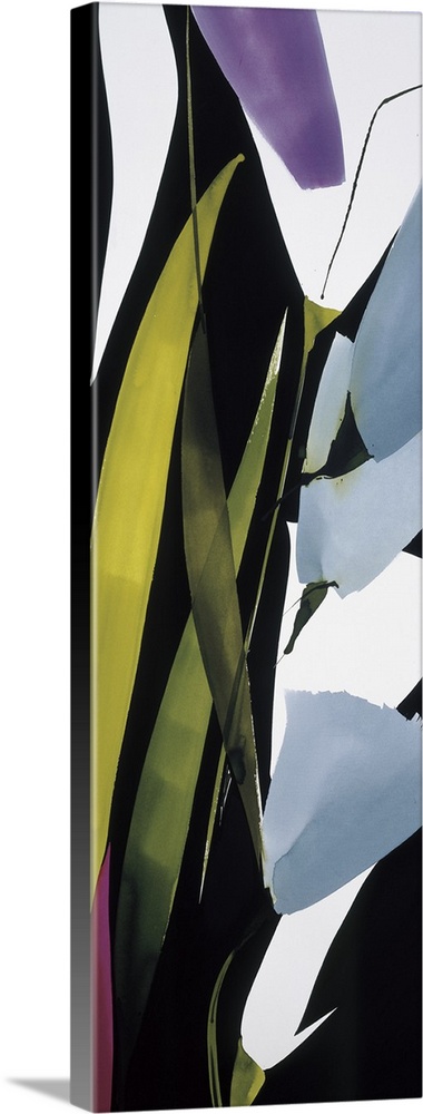 A long vertical painting in a modern design of flowers and leaves on a black backdrop.