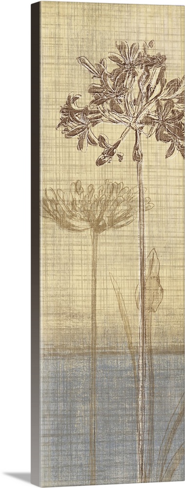 A vertical digital artwork of two flowers with long stems with a weaved textured overlay.