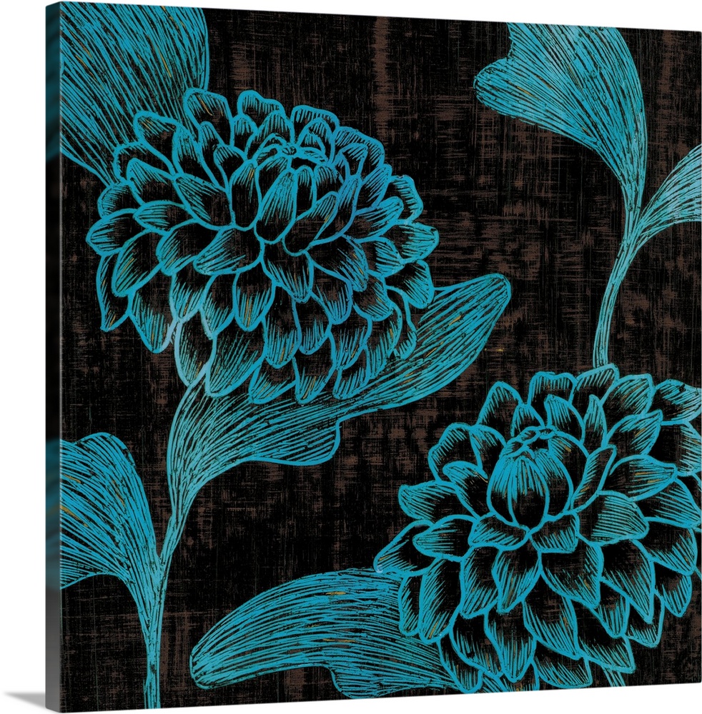 Square contemporary artwork of flowers done in fine lines of teal against of dark backdrop.
