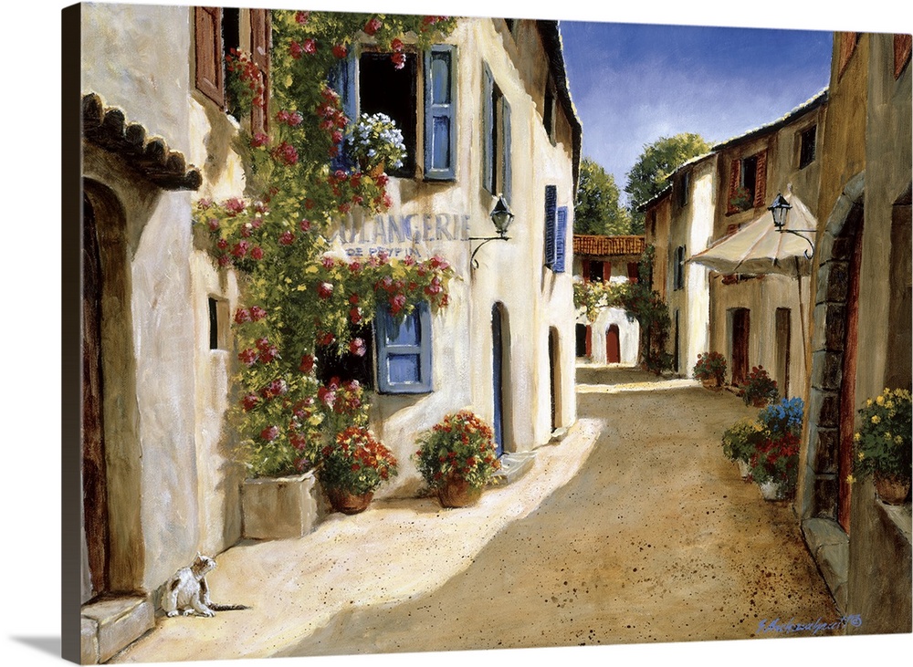 Painting of a quiet alleyway in a European village.