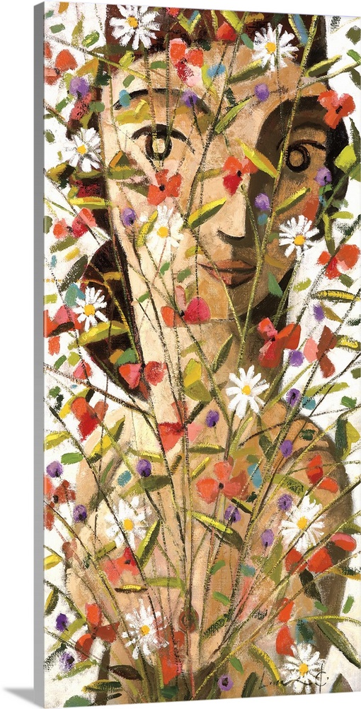 A vertical portrait of a woman behind a large bouquet of wild flowers, painted in a cubism style.