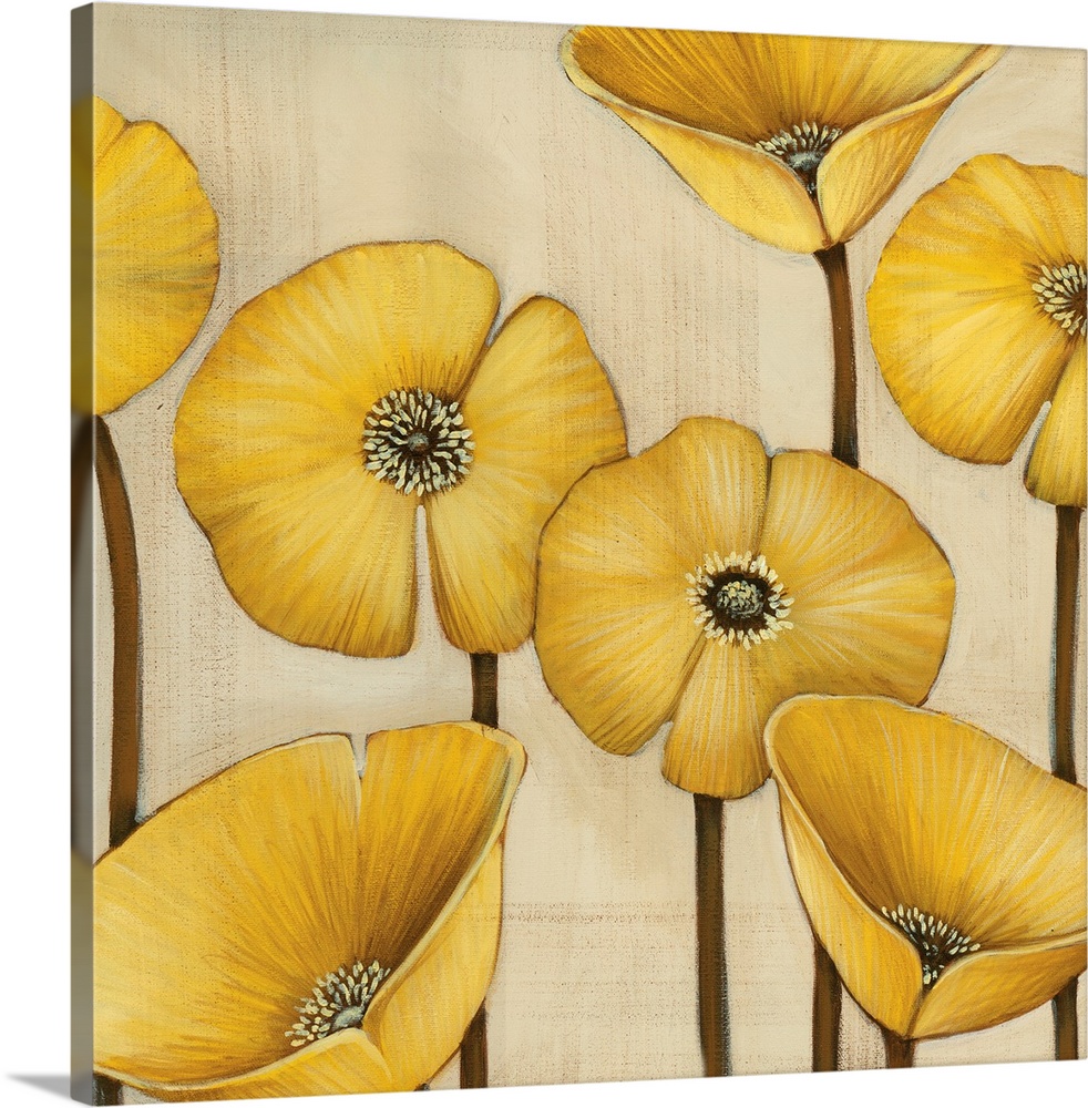 Square contemporary artwork of yellow poppy flowers against a neutral backdrop.