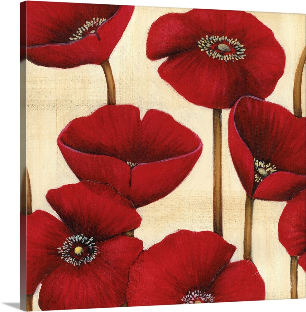 Square contemporary artwork of red poppy flowers against a neutral backdrop.