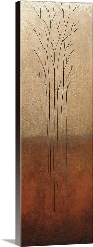 Vertical contemporary painting of thin black branches against a beige and brown textured background.