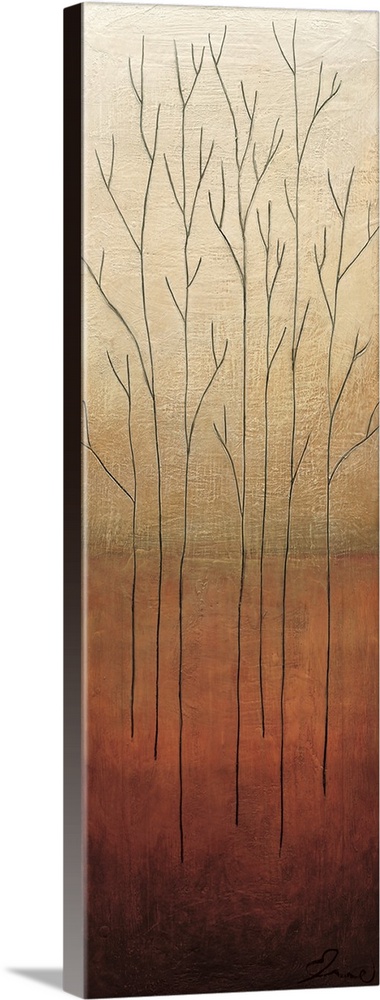 Vertical contemporary painting of thin black branches against a beige and brown textured background.