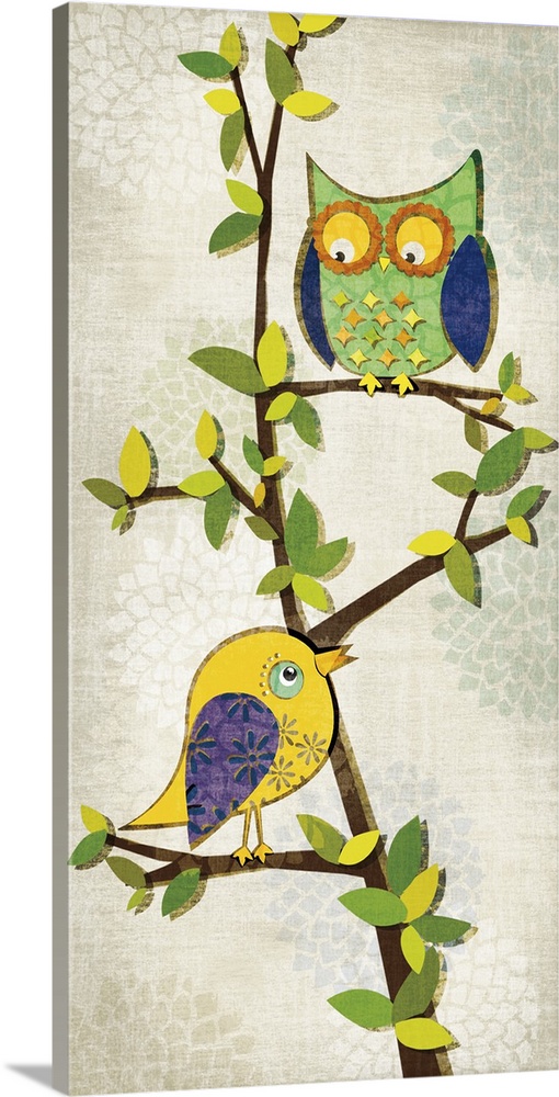 Decorative artwork of a colorful bird and owl on a tree with a floral patterned beige background.