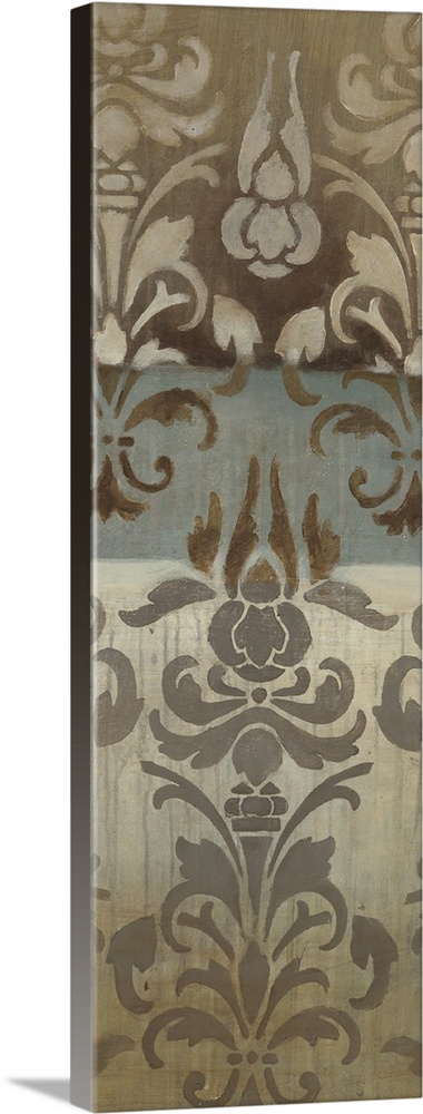 A long vertical painting of damask inspired patterns in muted shades.