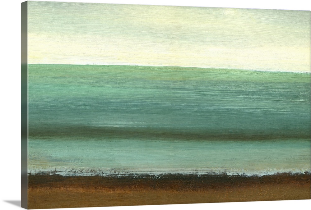 A modern abstract landscape of a beach scene in bold brush strokes of cream, brown and teal.