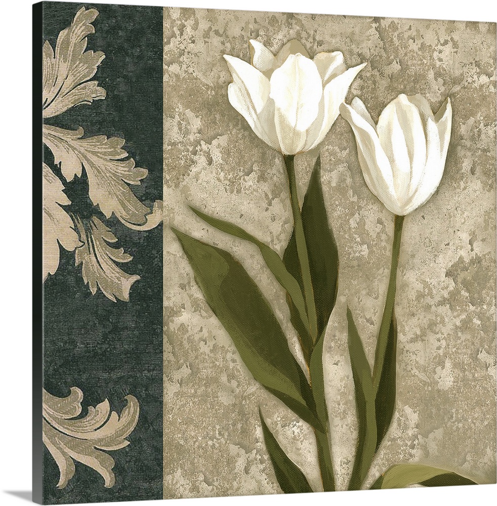 Decorative artwork of white tulips with a damask border in natural colors.