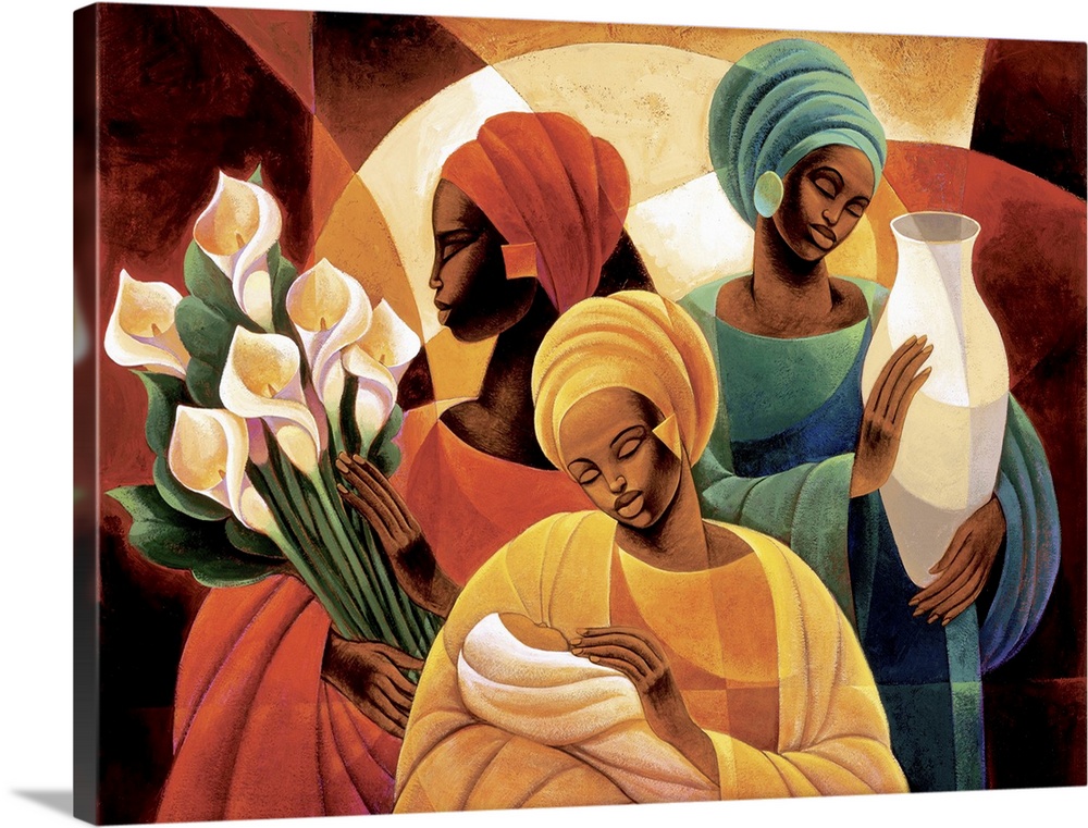 Artwork of three African women, one holding lilies, one holding a vase, and one holding a child.