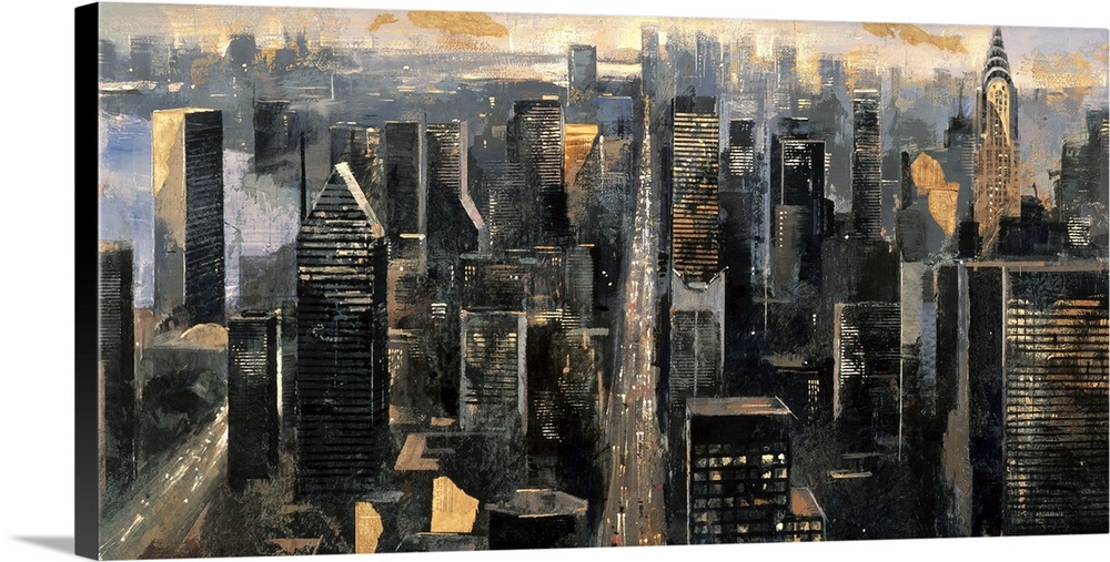 A horizontal painting of an aerial view of the New York cityscape.