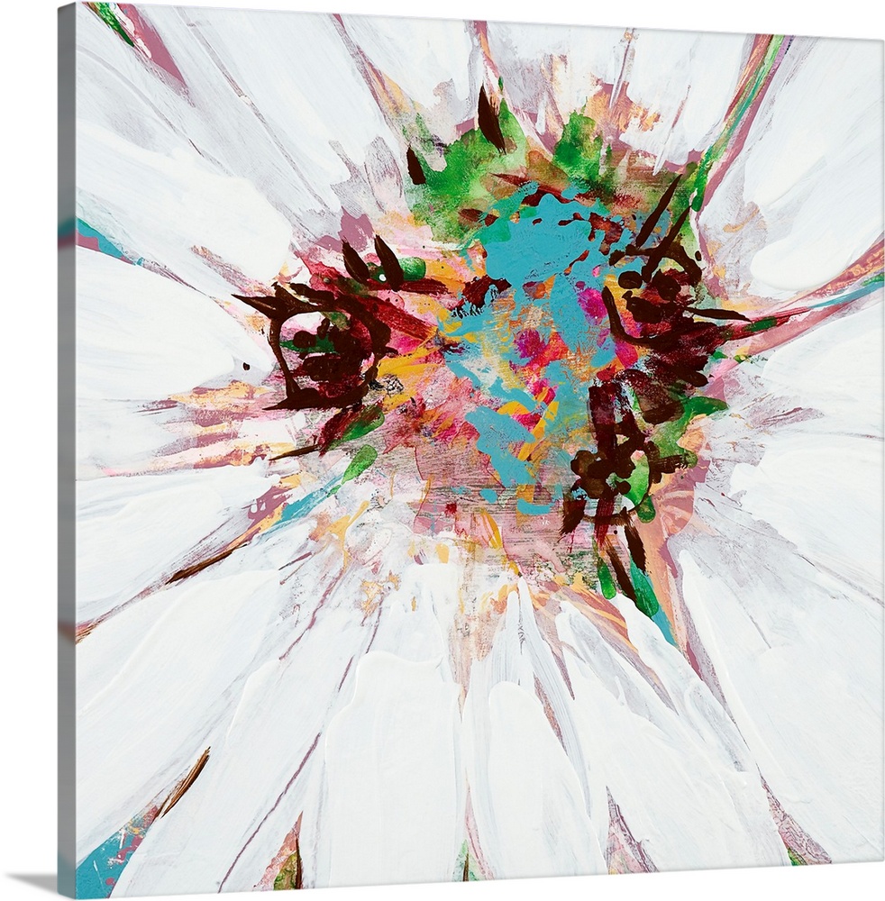 A square painting of close up center of a daisy in multiple colors.