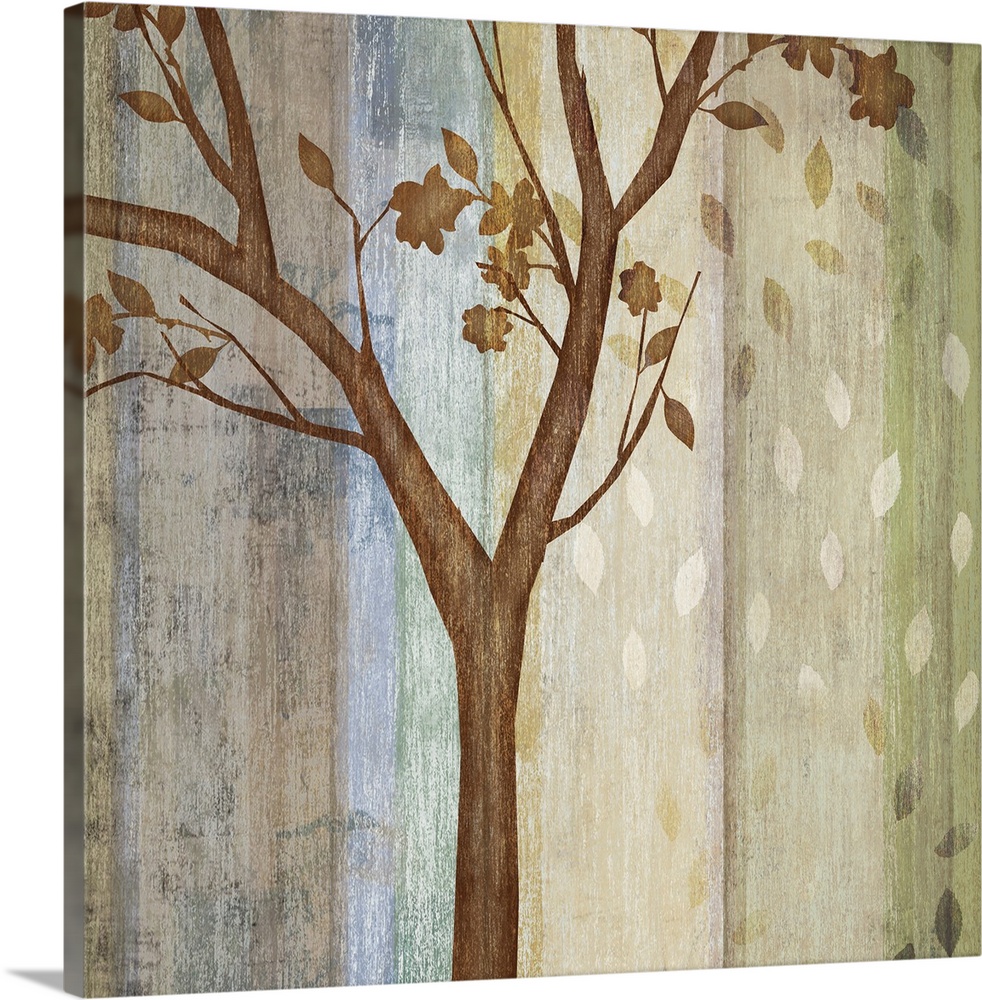 Decorative artwork of a single tree with falling leaves and a color striped background in neutral colors.