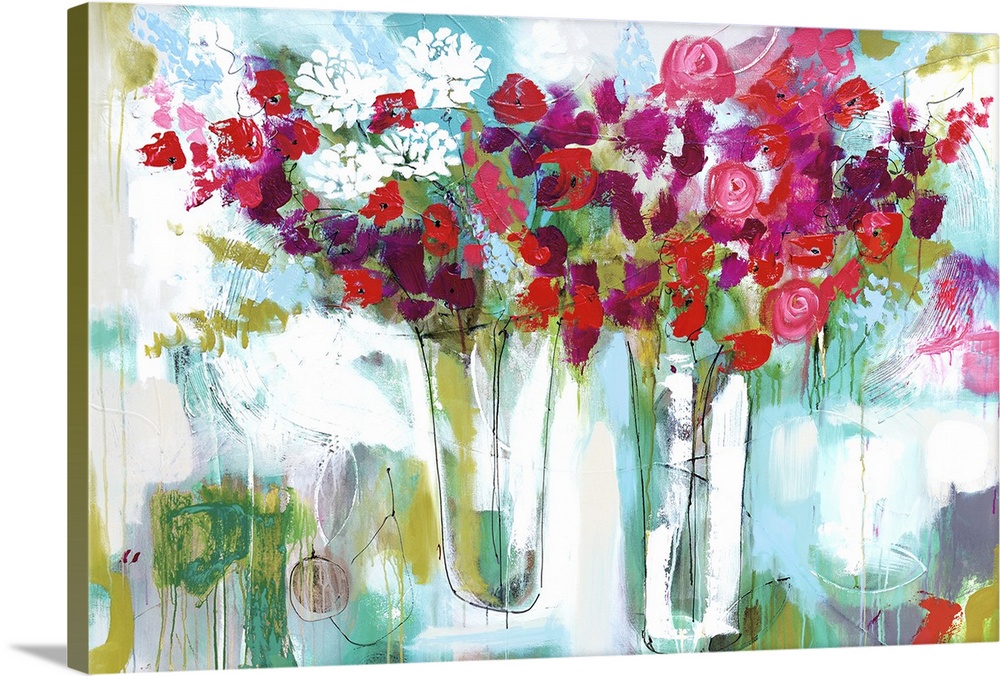 A horizontal abstract floral painting of red roses and white flowers in two vases on a textured background.