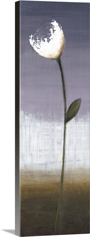 A long vertical painting of a single white flower on a long stem with a textured neutral background.